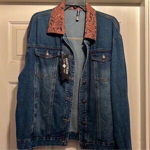 Crazy Train Blue Denim Jacket with Brown Paisley Collar